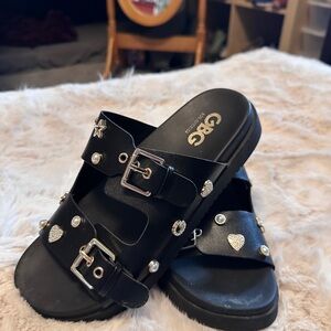 Gianni Bini Black Buckle Slide Sandals